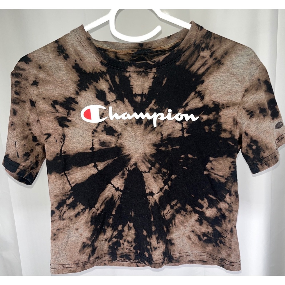 Champion Tie Dye Crop Top Brown Black Script Logo Streetwear Tee Medium